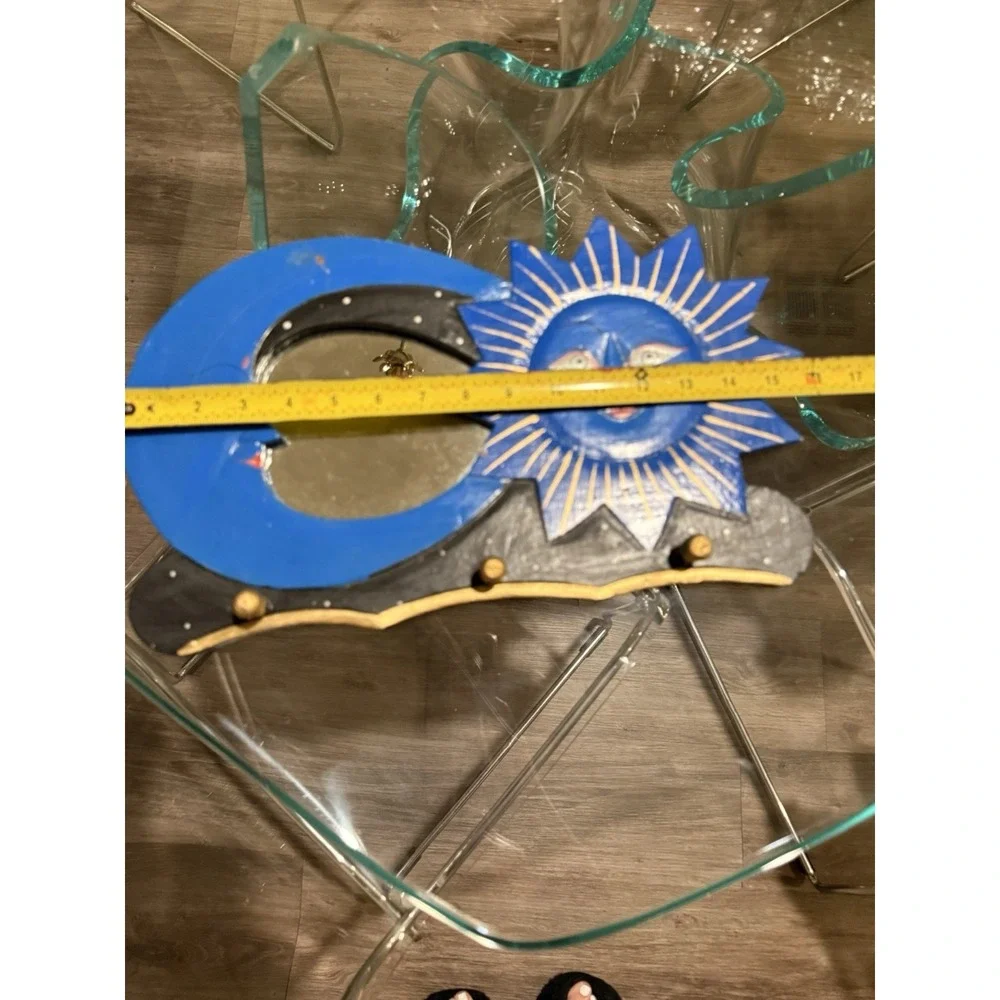 Vintage 90s Hand Painted Sun Moon Celestial Wall Mirror Coat Hooks Blue Black